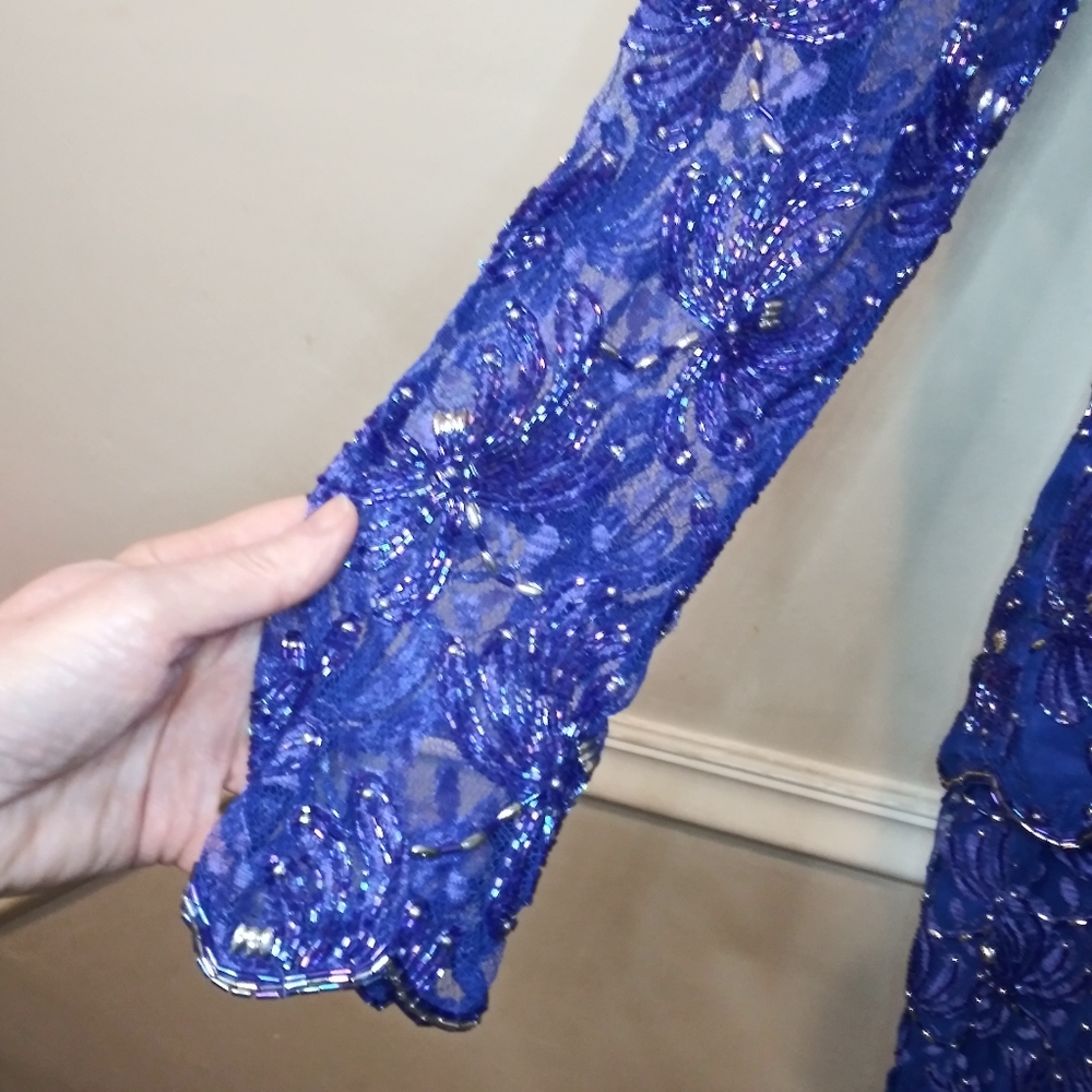 Vintage 1980's Robert Anthony Royal Blue & Purple Beaded Cocktail Dres - Picture 5 of 14